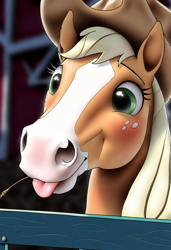 Size: 832x1216 | Tagged: safe, imported from derpibooru, applejack, earth pony, horse, pony, ai content, ai generated, anonymous prompter, blushing, bonnet (coat marking), bust, coat markings, cute, facial markings, female, generator:novelai, generator:stable diffusion, hoers, indoors, mare, palomino, portrait, silly, silly pony, smiling, solo, stable, straw in mouth, tongue out, who's a silly pony