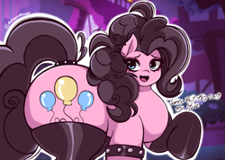 Size: 2341x1667 | Tagged: safe, artist:artmorheart, imported from derpibooru, pinkie pie, earth pony, pony, alternate hairstyle, balloonbutt, bracelet, butt, clothes, dialogue, dyed mane, ear piercing, goth, gothic, jewelry, large butt, open mouth, open smile, piercing, raised hoof, ring, small head, smiling, socks, solo, stockings, tail, tail ring, talking, thigh highs, wide hips