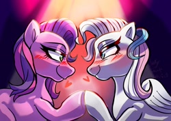 Size: 1754x1240 | Tagged: safe, artist:jully-park, imported from derpibooru, skywishes, star catcher, earth pony, pegasus, pony, blushing, duo, duo female, female, floating heart, folded wings, g3, heart, lesbian, looking at each other, looking at someone, mare, shipping, skycatcher, smiling, smiling at each other, wings