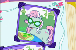 Size: 720x480 | Tagged: safe, imported from derpibooru, screencap, minty, earth pony, pony, a charming birthday, cucumber, female, food, g3, mare, open mouth, open smile, pizza, plate, ponyville surprise birthday book, scrapbook, smiling, solo, sunglasses, table