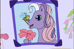 Size: 720x480 | Tagged: safe, imported from derpibooru, screencap, wysteria, bee, earth pony, insect, pony, a charming birthday, birthday book, female, flower, g3, insect on nose, mare, open mouth, open smile, ponyville surprise birthday book, scrapbook, smiling, solo