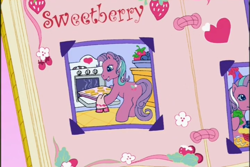 Size: 720x480 | Tagged: safe, imported from derpibooru, screencap, sweetberry, earth pony, pony, a charming birthday, birthday book, cookie, female, food, g3, grin, hoof hold, mare, oven, ponyville surprise birthday book, scrapbook, smiling, solo focus, strawberry, text, towel