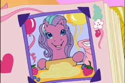Size: 720x480 | Tagged: safe, imported from derpibooru, screencap, sweetberry, earth pony, pony, a charming birthday, baking, balloon, birthday book, blueberry, dough, female, flour, flour sack, food, g3, heart, hoof hold, mare, open mouth, open smile, ponyville surprise birthday book, rolling pin, scrapbook, smiling, solo, strawberry