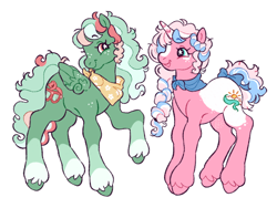 Size: 2048x1538 | Tagged: safe, artist:cocopudu, imported from derpibooru, oc, oc only, oc:morning glory, oc:seasalt spray, pegasus, pony, unicorn, ascot, bandana, blaze (coat marking), blue bow, blue eyes, body freckles, bow, braid, braided ponytail, coat markings, colored, colored hooves, colored horn, commission, couple, curly mane, curly tail, duo, duo female, eyebrows, eyebrows visible through hair, eyelashes, facial markings, female, flat colors, folded wings, freckles, g2, green coat, horn, lesbian, long legs, long mane, long tail, looking at each other, looking at someone, mare, multicolored mane, multicolored tail, neckerchief, oc x oc, open mouth, open smile, pegasus oc, pink coat, pink eyes, ponytail, profile, raised hooves, shipping, signature, simple background, small wings, smiling, smiling at each other, socks (coat markings), standing, starry eyes, style emulation, tail, tail bow, tied mane, tied tail, unicorn horn, unicorn oc, unshorn fetlocks, wall of tags, watermark, white background, wing fluff, wing freckles, wingding eyes, wings