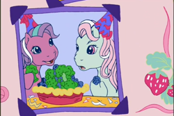 Size: 720x480 | Tagged: safe, imported from derpibooru, screencap, minty, sweetberry, earth pony, pony, a charming birthday, birthday book, blueberry, blueberry broccoli pie, broccoli, brocolli and blueberry pie, duo, duo female, female, food, g3, mare, oh minty minty minty, open mouth, open smile, pie, ponyville surprise birthday book, scrapbook, smiling