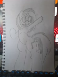 Size: 3000x4000 | Tagged: safe, artist:bazza, derpibooru exclusive, imported from derpibooru, dj pon-3, vinyl scratch, pony, background pony, belly button, bipedal, black and white, grayscale, human shoulders, monochrome, pencil drawing, ribcage, signature, simple background, simple shading, sketch, smiling, sunglasses, sunglasses on head, traditional art, vibing, vinyl's glasses