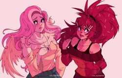 Size: 1798x1155 | Tagged: safe, artist:lazy-ale, imported from derpibooru, fluttershy, human, bare shoulders, breasts, busty fluttershy, cleavage, clothes, crossover, duo, duo female, female, flaky, happy tree friends, humanized, jewelry, lipstick, necklace, off shoulder, off shoulder sweater, pink background, simple background, sweater, winged humanization, wings