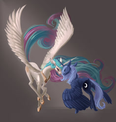 Size: 917x970 | Tagged: safe, artist:jaeneth, imported from derpibooru, princess celestia, princess luna, alicorn, pony, duo, duo female, ethereal mane, ethereal tail, female, flying, horn, horns are touching, looking at each other, looking at someone, mare, royal sisters, s1 luna, siblings, sisters, smiling, spread wings, tail, wings, wings down