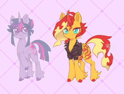 Size: 2093x1585 | Tagged: safe, artist:paichitaron, imported from derpibooru, sunset shimmer, twilight sparkle, pony, unicorn, alternate design, clothes, colored horn, colored pupils, curved horn, female, fetlock tuft, glasses, horn, jacket, leather, leather jacket, mare, patterned background, purple background, round glasses, signature, simple background, smiling, unicorn twilight, unshorn fetlocks