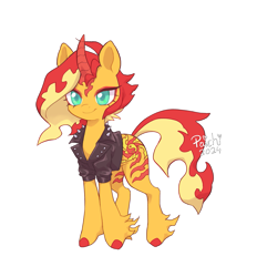 Size: 1473x1585 | Tagged: safe, artist:paichitaron, imported from derpibooru, sunset shimmer, pony, unicorn, alternate design, clothes, colored horn, colored pupils, curved horn, female, fetlock tuft, horn, jacket, leather, leather jacket, mare, signature, simple background, smiling, solo, transparent background