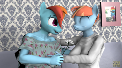 Size: 3840x2160 | Tagged: safe, artist:zgsfm, imported from derpibooru, rainbow dash, windy whistles, anthro, 3d, couch, duo, female, flower, happy, hug, mother, picture, present, rose