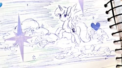 Size: 3588x1988 | Tagged: safe, artist:pelinstwinkle, imported from derpibooru, twilight sparkle, alicorn, pony, female, flying, heart, high res, lined paper, mare, pen drawing, sketch, solo, traditional art, twilight sparkle (alicorn)