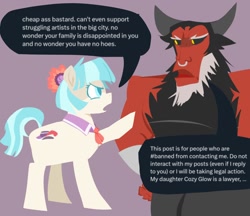 Size: 1090x940 | Tagged: safe, artist:startrixfan, imported from derpibooru, coco pommel, lord tirek, centaur, earth pony, pony, taur, angry, beard, bracer, context in description, dialogue, duo, facial hair, female, hand on hip, horns, male, mare, meme, nose piercing, nose ring, piercing, simple background, speech bubble, story included