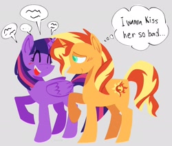 Size: 2048x1748 | Tagged: safe, artist:startrixfan, imported from derpibooru, sunset shimmer, twilight sparkle, alicorn, pony, unicorn, blushing, cute, duo, female, horn, lesbian, mare, shimmerbetes, shipping, speech bubble, sunsetsparkle, thought bubble, twiabetes, twilight sparkle (alicorn)