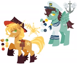 Size: 2048x1752 | Tagged: safe, artist:startrixfan, imported from derpibooru, oc, oc only, earth pony, pegasus, pony, boots, cap, clothes, cowboy boots, duo, duo male and female, female, freckles, hat, male, mare, not applejack, reference sheet, sailor uniform, shoes, simple background, stallion, straw in mouth, uniform, white background