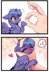 Size: 1033x1537 | Tagged: safe, artist:polnocnykot, imported from derpibooru, princess luna, alicorn, pony, 2 panel comic, :p, adorable face, blushing, chest fluff, comic, cute, daaaaaaaaaaaw, ear fluff, eyebrows, eyebrows visible through hair, eyelashes, eyes closed, feathered wings, female, filly, filly luna, floating heart, floppy ears, fluffy, foal, folded wings, hand, heart, horn, hug, looking up, lunabetes, missing accessory, offscreen character, offscreen human, ok hand sign, open mouth, raised hoof, redraw, smiling, smol, spread wings, tiny, tiny ponies, tongue out, unshorn fetlocks, wings, woona, younger
