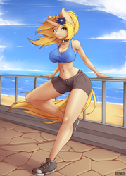 Size: 2500x3500 | Tagged: safe, artist:redwix, imported from derpibooru, oc, oc only, oc:alessa, anthro, unicorn, big breasts, breasts, clothes, female, horn, huge breasts, shorts, solo