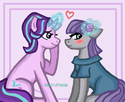 Size: 852x700 | Tagged: safe, artist:mintym00n, imported from derpibooru, maud pie, starlight glimmer, 2023, duo, female, gem, heart, lesbian, magic, shipping, signature, sitting, smiling, starmaud, telekinesis