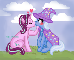 Size: 722x591 | Tagged: safe, artist:mintym00n, imported from derpibooru, starlight glimmer, trixie, 2023, blushing, duo, duo female, female, grass, heart, kissing, lesbian, shipping, signature, sitting, startrix