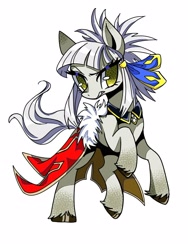 Size: 1200x1600 | Tagged: safe, artist:stacy_165cut, imported from derpibooru, earth pony, pony, big eyes, cape, clothes, coat markings, colored eartips, colored hooves, colored pinnae, eye clipping through hair, eyelashes, fate/grand order, female, frown, hair ribbon, headpiece, lidded eyes, mare, narrowed eyes, no pupils, penthesilea (fate/grand order), ponified, ponytail, rearing, ribbon, shiny hooves, shiny mane, shiny tail, simple background, socks (coat markings), solo, spiky mane, standing, tail, teeth, tied mane, unshorn fetlocks, white background, white coat, white mane, white tail, wingding eyes, yellow eyes