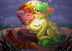 Size: 4961x3508 | Tagged: safe, artist:chaosangeldesu, imported from derpibooru, oc, oc only, earth pony, pegasus, pony, blushing, butt, chest fluff, clothes, collar, commission, cute, date, duo, duo male and female, female, floppy ears, lying down, male, mare, night, on side, plot, romantic, socks, stallion, unshorn fetlocks