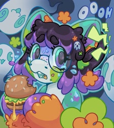 Size: 1839x2048 | Tagged: safe, artist:ibbledribble, imported from derpibooru, oc, oc only, oc:mystery clue, earth pony, ghost, pony, undead, abstract background, beanbrows, big ears, big eyes, blaze (coat marking), bobcut, burger, bust, cheeseburger, chewing, coat markings, colored eyebrows, colored hooves, colored mouth, colored muzzle, colored pinnae, commission, crying, earth pony oc, eating, emanata, eye clipping through hair, eyebrows, eyebrows visible through hair, eyelashes, facial markings, food, freckles, glasses, gradient eyes, hair accessory, hairclip, hamburger, headshot commission, hoof hold, mealy mouth (coat marking), multicolored coat, onomatopoeia, open mouth, outline, portrait, round glasses, scared, shiny hooves, shiny mane, short hair, short mane, sweat, sweatdrop, sweatdrops, teeth, text, two toned eyes, two toned mane, unshorn fetlocks, wall of tags, wingding eyes