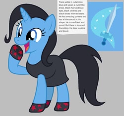 Size: 640x600 | Tagged: safe, artist:fizzled_kitty, edit, imported from derpibooru, trixie, pony, unicorn, alternate cutie mark, alternate hair color, black dress, black hair, clothes, cutie mark, dress, female, google translate, gray background, horn, recolor, reference sheet, shoes, simple background, solo, sword, weapon