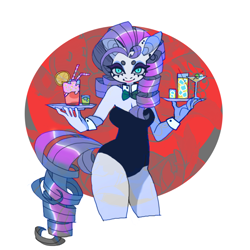 Size: 850x850 | Tagged: safe, artist:cutesykill, imported from derpibooru, rarity, anthro, pony, unicorn, alcohol, beanbrows, big ears, big eyes, blue eyes, breasts, busty rarity, butt, cleavage, clothes, colored eyebrows, colored pinnae, curvy, detached sleeves, drink, ear piercing, earring, eyebrows, eyeshadow, female, glass, holding, horn, hourglass figure, jewelry, leotard, lidded eyes, lipstick, long mane, long tail, looking at you, makeup, mare, martini, martini glass, missing horn, neck bow, passepartout, piercing, pink lipstick, plate, purple mane, purple tail, ringlets, shiny mane, shiny tail, shot glass, simple background, slender, slit pupils, smiling, solo, tail, tall ears, teal eyes, thick eyelashes, thighs, thin, waitress, wall of tags, white background, white coat
