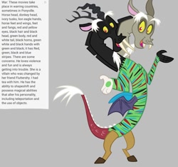 Size: 640x600 | Tagged: safe, artist:fizzled_kitty, edit, imported from derpibooru, discord, draconequus, alternate color palette, alternate design, google translate, gray background, green fur, implied fluttershy, male, multiple heads, recolor, simple background, solo, stripes, two heads