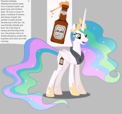 Size: 640x600 | Tagged: safe, artist:fizzled_kitty, edit, imported from derpibooru, princess celestia, alicorn, pony, alcohol, alternate cutie mark, alternate eye color, asahi, beer, crown, cutie mark, ethereal mane, ethereal tail, female, gauntlet, google translate, gray background, implied princess luna, jewelry, multicolored eyes, recolor, reference sheet, regalia, simple background, solo, tail