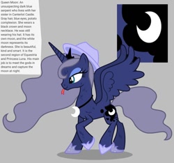 Size: 640x600 | Tagged: safe, artist:fizzled_kitty, edit, imported from derpibooru, princess luna, alicorn, hybrid, pony, serpent, alternate hair color, crown, cutie mark, ethereal mane, ethereal tail, female, forked tongue, gauntlet, google translate, gray background, grey hair, hat, implied princess celestia, jewelry, necklace, recolor, reference sheet, regalia, simple background, solo, species swap, tail, tongue out