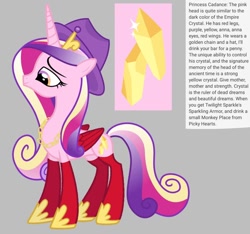 Size: 640x600 | Tagged: safe, artist:fizzled_kitty, edit, imported from derpibooru, princess cadance, alicorn, pony, alternate color palette, alternate cutie mark, chains, coat markings, crown, cutie mark, female, gauntlet, gold chains, google translate, gray background, hat, implied flurry heart, implied shining armor, jewelry, multicolored eyes, recolor, red wings, reference sheet, regalia, simple background, solo, wings