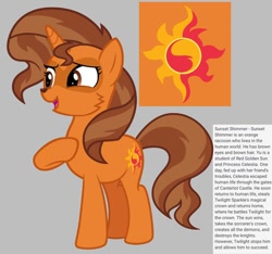 Size: 640x600 | Tagged: safe, artist:fizzled_kitty, edit, imported from derpibooru, sunset shimmer, hybrid, pony, raccoon, raccoon pony, unicorn, alternate color palette, brown eyes, brown hair, cute, cutie mark, google translate, gray background, horn, implied princess celestia, implied twilight sparkle, orange fur, recolor, reference sheet, shimmerbetes, simple background, solo, species swap