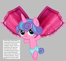 Size: 640x600 | Tagged: safe, artist:fizzled_kitty, edit, imported from derpibooru, princess flurry heart, alicorn, pony, alternate color palette, baby, baby pony, diaper, female, google translate, gray background, implied princess cadance, recolor, shield, simple background, solo, unusual wings