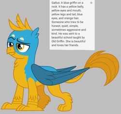 Size: 640x600 | Tagged: safe, artist:fizzled_kitty, edit, imported from derpibooru, gallus, griffon, alternate color palette, google translate, gray background, heterochromia, implied grampa gruff, implied school of friendship, male, recolor, simple background, solo, tail, yellow tail