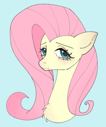Size: 1224x1461 | Tagged: safe, artist:xinjinjumin914254263013, imported from derpibooru, fluttershy, pegasus, pony, bust, chest fluff, female, light blue background, mare, portrait, simple background, smiling, solo