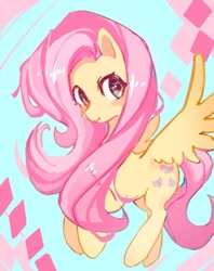 Size: 750x947 | Tagged: safe, artist:ganyudexiaohuahua, imported from derpibooru, fluttershy, pegasus, pony, abstract background, female, mare, smiling, solop, spread wings, wings