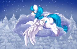 Size: 4568x2935 | Tagged: safe, artist:ijustmari, imported from derpibooru, oc, oc only, oc:snowy haze, pegasus, pony, butt, cloud, female, high res, large butt, lying down, lying on a cloud, mare, on a cloud, outdoors, pegasus oc, plot, prone, signature, smiling, snow, snowfall, solo, spread wings, tail, the ass was fat, tree, underhoof, wings, winter