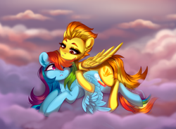 Size: 3235x2367 | Tagged: safe, artist:ijustmari, imported from derpibooru, rainbow dash, spitfire, pegasus, pony, cloud, cuddling, duo, duo female, ear fluff, female, heart, heart eyes, high res, lesbian, lying down, lying on a cloud, mare, on a cloud, one eye closed, outdoors, shipping, signature, spitdash, wingding eyes, wings