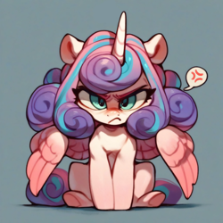 Size: 2048x2048 | Tagged: safe, editor:jewellier, imported from derpibooru, princess flurry heart, alicorn, pony, ai content, ai generated, angry, cross-popping veins, cute, emanata, female, flurry heart is not amused, flurrybetes, generator:purplesmart.ai, generator:stable diffusion, looking at you, madorable, mare, older, older flurry heart, prompt in description, prompter:jewellier, speech bubble, unamused