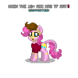 Size: 400x400 | Tagged: safe, artist:anonymous, imported from derpibooru, pinkie pie, earth pony, human, pony, pony town, /ptfg/, clothes, female, heterochromia, human to pony, mid-transformation, open mouth, shadow, shirt, simple background, solo, tail growth, transformation, transparent background