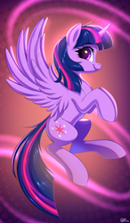 Size: 1784x3060 | Tagged: safe, artist:ask-colorsound, imported from derpibooru, twilight sparkle, alicorn, pony, eyebrows, eyebrows visible through hair, female, high res, horn, looking at you, mare, profile, side view, signature, smiling, smiling at you, solo, spread wings, tail, twilight sparkle (alicorn), wings