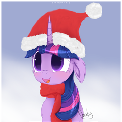 Size: 4000x4000 | Tagged: safe, artist:nnaly, imported from derpibooru, twilight sparkle, pony, unicorn, absurd resolution, blushing, bust, christmas, clothes, cute, female, floppy ears, gradient background, hat, holiday, horn, mare, open mouth, open smile, santa hat, scarf, signature, smiling, solo, twiabetes, unicorn twilight