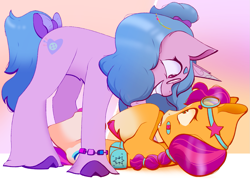 Size: 1219x883 | Tagged: safe, artist:k1ttygam3r, imported from derpibooru, izzy moonbow, sunny starscout, earth pony, pony, unicorn, bag, bow, braid, braided ponytail, duo, duo female, eye contact, female, g5, glasses, goggles, gradient background, grin, hair bow, happy, hi new friend, horn, lesbian, looking at each other, looking at someone, lying down, mare, moonscout, on back, ponytail, saddle bag, shipping, smiling, tail, tail bow, unshorn fetlocks