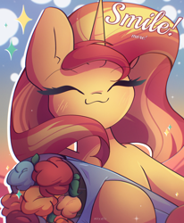 Size: 2100x2550 | Tagged: safe, artist:miryelis, imported from derpibooru, sunset shimmer, pony, unicorn, :3, big ears, blushing, cloud, cute, eyes closed, female, flower, happy, horn, mare, shimmerbetes, smiling, solo, sparkles, text