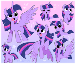 Size: 2538x2139 | Tagged: safe, artist:syrupyyy, imported from derpibooru, twilight sparkle, alicorn, pony, unicorn, blushing, cute, eye clipping through hair, eyebrows, eyebrows visible through hair, eyes closed, female, filly, filly twilight sparkle, foal, gradient background, heart, high res, horn, mare, no catchlights, no iris, open mouth, open smile, passepartout, signature, smiling, solo, sparkles, spread wings, syrupyyy is trying to murder us, thousand yard stare, twiabetes, twilight sparkle (alicorn), unicorn twilight, wings, younger