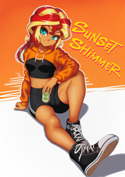 Size: 706x1000 | Tagged: safe, artist:the-park, imported from derpibooru, sunset shimmer, human, equestria girls, clothes, converse, drink, english, hoodie, looking at you, midriff, moderate dark skin, shoes, shorts, sitting, sneakers, soda can, sports bra, text