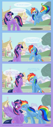 Size: 2700x6408 | Tagged: safe, artist:ambris, imported from derpibooru, rainbow dash, twilight sparkle, alicorn, pegasus, pony, ask twidash, 2013, blushing, comic, cute, duo, duo female, eyes closed, female, flying, folded wings, grin, horn, kiss on the lips, kissing, lesbian, looking at each other, looking at someone, looking back, mare, open mouth, open smile, outdoors, ponyville, raised hoof, riddle, shadow, shipping, sitting, smiling, speech bubble, spread wings, surprise kiss, tail, tree, twidash, twilight sparkle (alicorn), wingboner, wings
