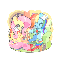Size: 3000x3000 | Tagged: safe, artist:chengzi82020, imported from derpibooru, angel bunny, fluttershy, rainbow dash, tank, pegasus, pony, rabbit, tortoise, animal, clothes, couch, female, hug, letter, mare, pillow, scarf, simple background, white background