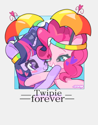 Size: 2258x2872 | Tagged: safe, artist:chengzi82020, imported from derpibooru, pinkie pie, twilight sparkle, earth pony, pony, unicorn, blushing, female, gray background, hat, heart, horn, hug, lesbian, looking at each other, looking at someone, mare, one eye closed, shipping, simple background, smiling, smiling at each other, text, twinkie, umbrella hat